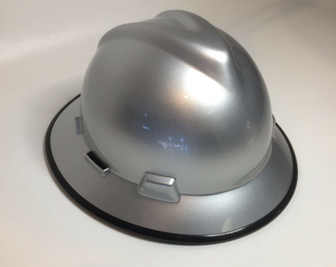 Custom Hard Hat MSA V-Gard Full Brim Silver Metallic W/Black Edgegard