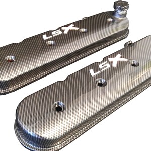 May include: A pair of black carbon fiber engine valve covers with a white "LSX" logo on each cover.