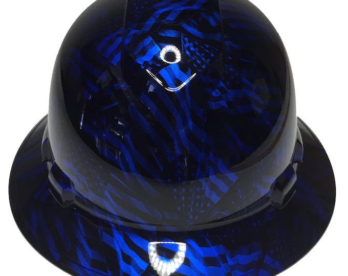 Custom Hydro Dipped Hard Hat Kandy Blue Negative American Flags Full Brim Ridgeline