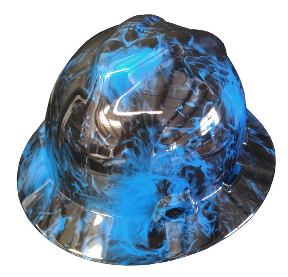 Hard Hat MSA Full Brim Custom Hydro Dipped Blue Flaming Skulls