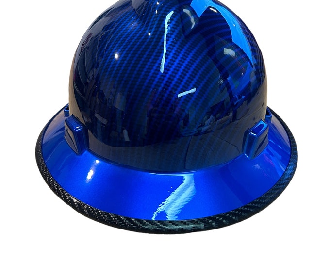 Custom Hard Hat Blue Kandy Square Carbon Fiber w/blue brim and edge gard Hydro Dipped Full Brim MSA