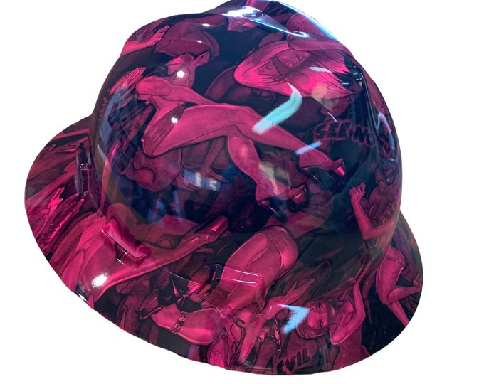 Custom Hot Pink Naughty No Evil Hard Hat MSA V-Gard Full Brim