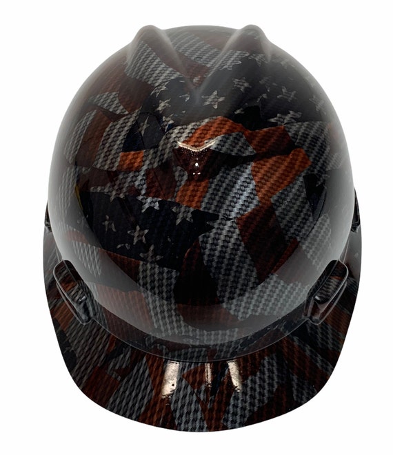 Custom Hard Hat Carbon Fiber American Flags Hydro Dipped MSA V-gard Cap  Style 