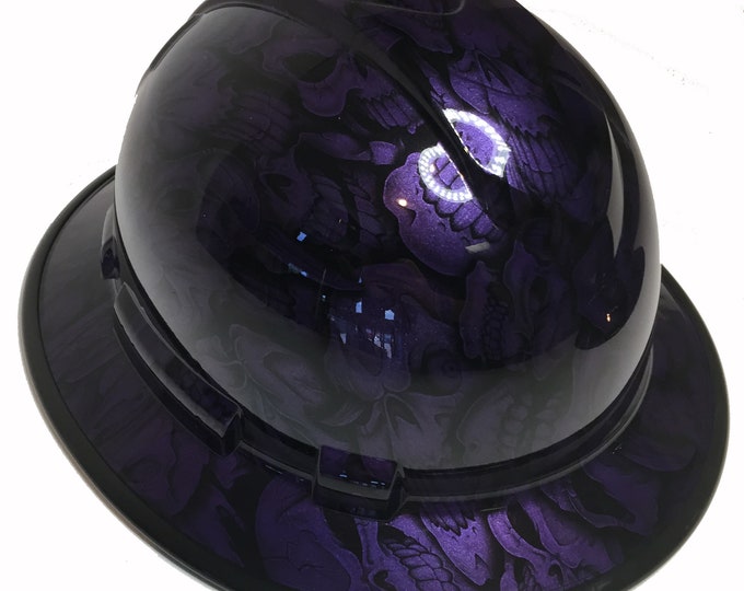 Custom Hydro Dipped Hard Hat Plum Crazy Purple Insanity Skulls Full Brim Ridgeline W/ Black EdgeGard