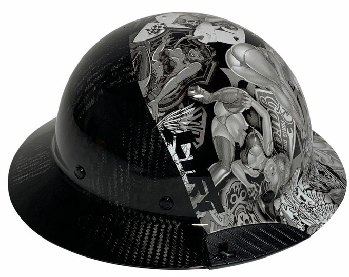 Custom Hydro Dipped Black and White Naughty Boy Lift DAX Fifty 50 Carbon Fiber HDF50C-19WC Full Brim HardHat
