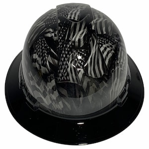 Custom Hydro Dipped Hard Hat White Negative American Flags Ridgeline Full Brim w/ Black Brim