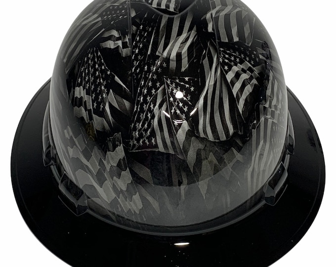 Custom Hydro Dipped Hard Hat White Negative American Flags Ridgeline Full Brim w/ Black Brim