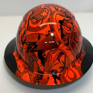 Custom Hydro Dipped Black and Orange Graffiti Lift DAX Fifty 50 Carbon Fiber HDF50C-19OC  Full Brim HardHat