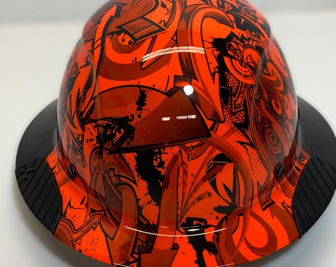 Custom Hydro Dipped Black and Orange Graffiti Lift DAX Fifty 50 Carbon Fiber HDF50C-19OC  Full Brim HardHat