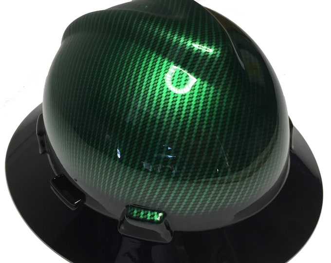 Custom Hard Hat Kandy Green Carbon Fiber Hydro Dipped W/ Black Brim MSA V-Gard Full Brim