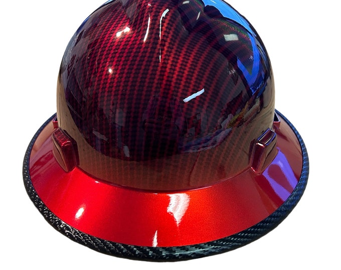 Custom Hard Hat Red Kandy Square Carbon Fiber w/Red brim and edge gard Hydro Dipped Full Brim MSA