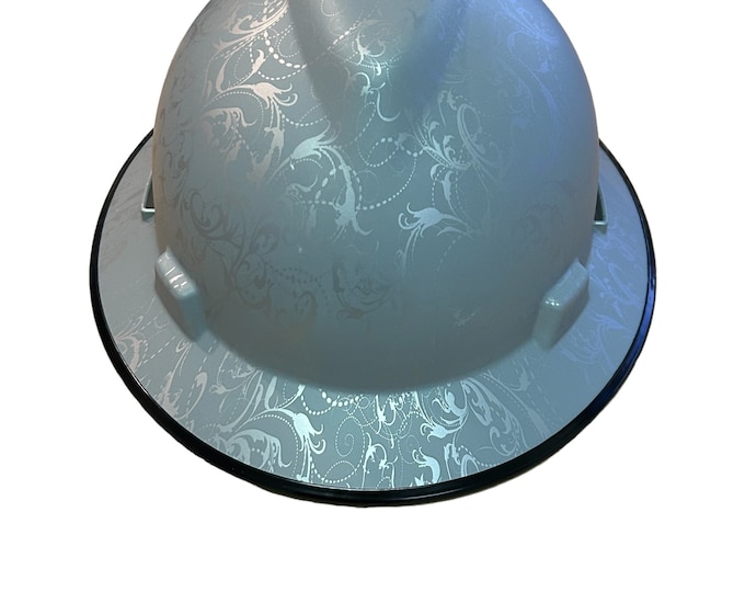 Custom Light Gray Lilies Hard Hat MSA V-Gard Full Brim w/edgegard