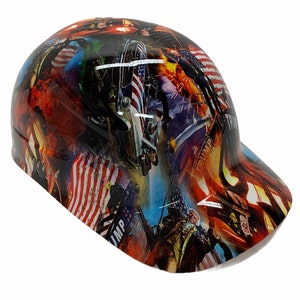May include: A hard hat with a patriotic design featuring the American flag, images of presidents, and other patriotic imagery. The hat is black with a red, white, and blue design.