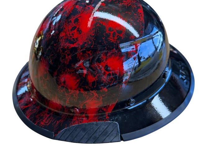 LIFT Resin Hard Hat Full Brim Red  Black 50/fifty Flaming Skulls ROCK HARD Coating