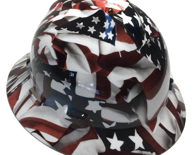 Custom Hydro Dipped American Flag Hard Hat MSA V-Gard Full Brim