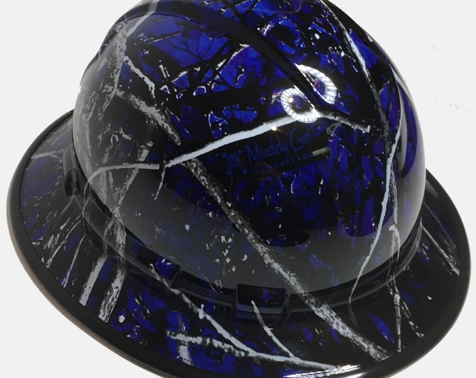 Custom Hydro Dipped Hard Hat Blue Muddy Girl Full Brim Ridgeline W/Black EdgeGard