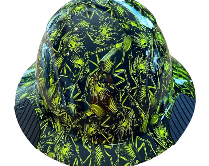 Custom Hydro Dip HiVis Green Rock'N'Roll Skulls Lift Fiber Resin Full Brim Hardhat