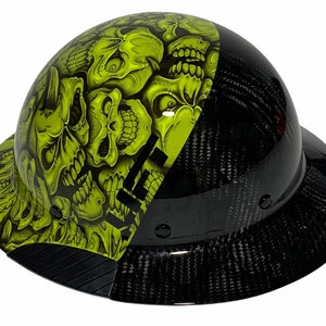 Benutzerdefinierte Hydro getauchte schwarze und grüne Wahnsinnsschädel heben DAX Fifty 50 HDF50C-19HC Carbon Fiber HardHat mit voller Krempe