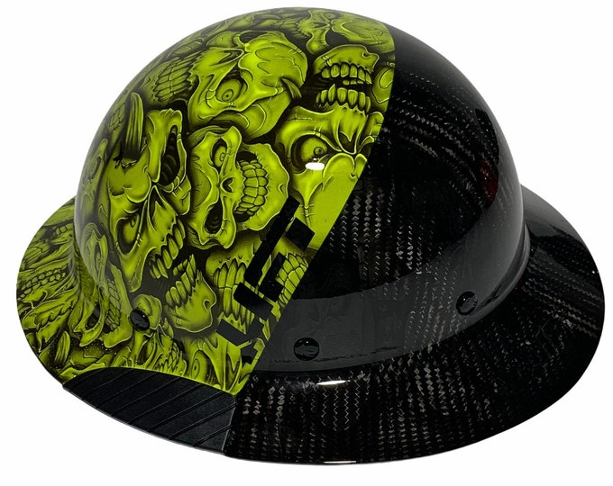 Custom Hydro Dipped Black and Green Insanity Skulls Lift DAX Fifty 50 HDF50C-19HC Carbon Fiber Full Brim HardHat
