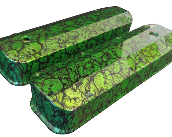 Custom Hydro Dipped Sublime Green Insanity Skulls Ford Big Block Valve Covers Mr Gasket 6874G
