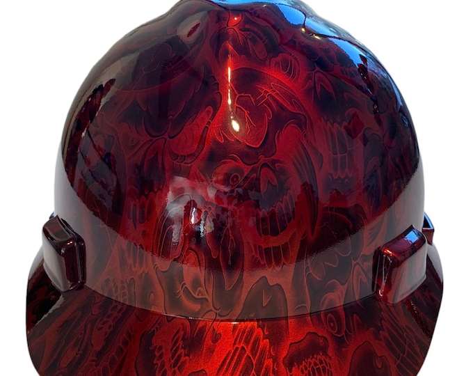 Hard Hat MSA V-Gard Cap Style Custom Hydro Dipped Kandy Red Negative Insanity Skulls