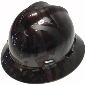 Custom Hard Hat Hydro Dipped Metallic Graphite American Flags MSA V-Gard Full Brim