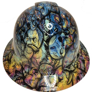 Custom Hydro Dipped Hard Hat Oil Slick Insanity Skulls Full Brim Ridgeline