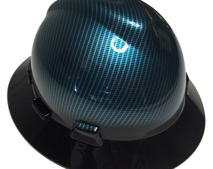Hard Hat MSA V-Gard Full Brim Custom Hydro Dipped Light Blue Kandy Carbon Fiber W/ Black Brim