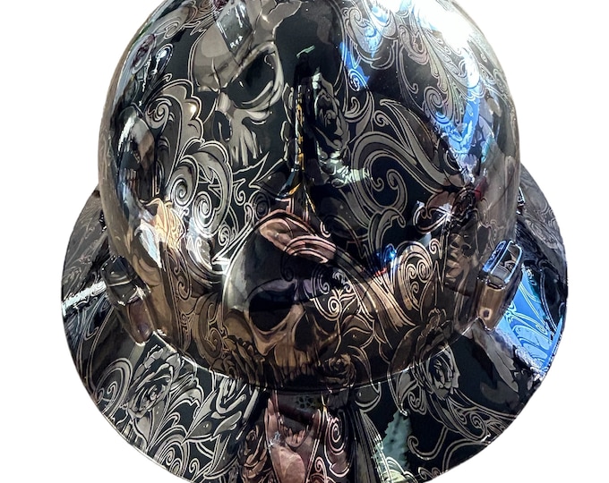 Custom Hard Hat MSA Full Brim Chrome Filigree Skulls
