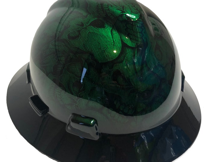 Custom Hard Hat Kandy Green Stainless Steel Insanity Skulls W/ Black Brim MSA V-Gard Full Brim
