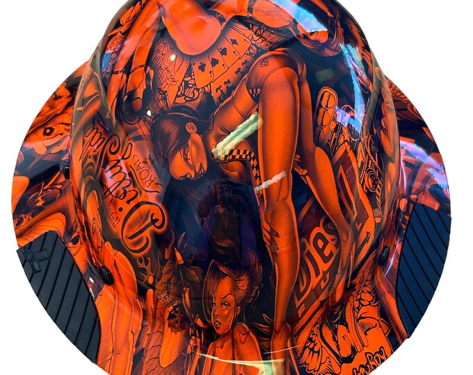 Custom Hydro Dip HiVis Orange Naughty Boy Lift Fiber Resin Full Brim Hardhat