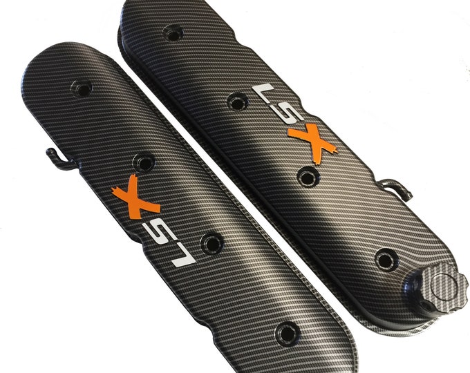 Custom Hydro Dipped LS Valve Covers 241-405 Satin Carbon Fiber With White LS and HOK Sunset Pearl X