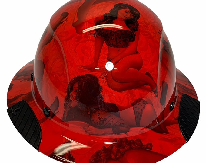 Custom Hydro Dip Red Pin Up Girls Lift Fiber Resin Full Brim Hardhat