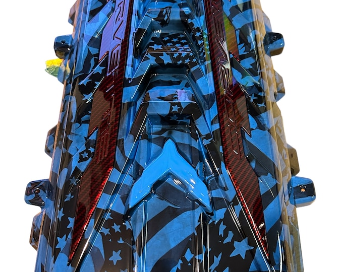 Custom Hydro Dipped 2020+ Corvette Engine Cover Light Blue Midnight Flags w/Kandy Red Carbonfiber
