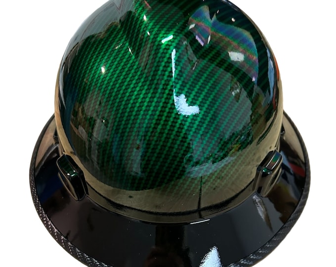 Custom Hard Hat Kandy Green Carbon Fiber Hydro Dipped W/ Black Brim MSA V-Gard Full Brim w/edgegard