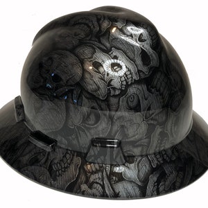 Custom Hard Hat Stainless Steel Insanity Skulls MSA V-Gard Full Brim