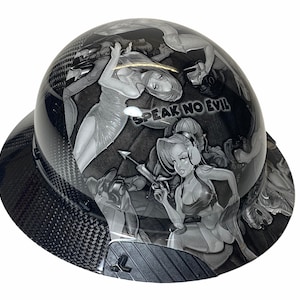 Custom Hydro Dipped Black and White Naughty No Evil Lift DAX Fifty 50 Carbon Fiber HDF50C-19WC Full Brim HardHat