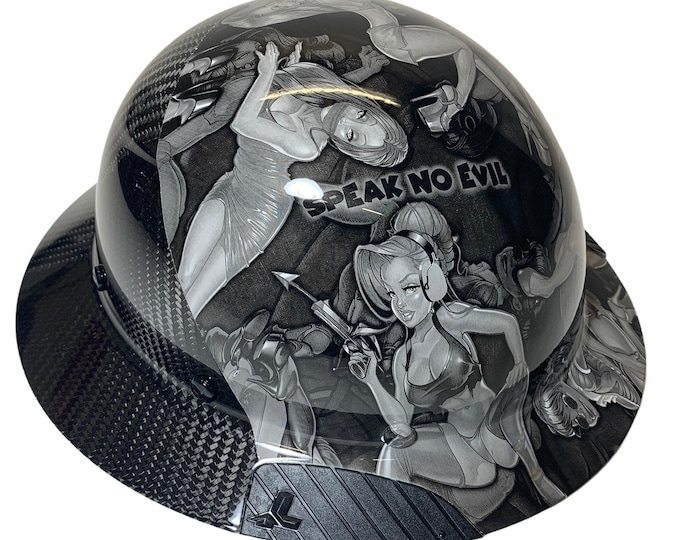 Custom Hydro Dipped Black and White Naughty No Evil Lift DAX Fifty 50 Carbon Fiber HDF50C-19WC Full Brim HardHat