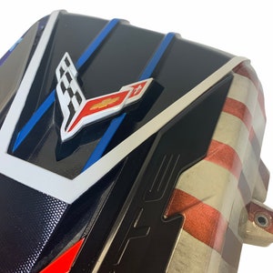 Custom Hydro Dipped 2020+ Corvette Engine Cover Stars and Stripes w black letters