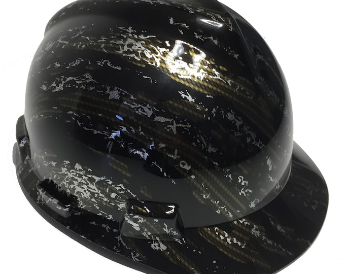 Custom Hard Hat MSA V-Gard Cap Style Hydro Dipped Gold Carbon Fiber Marble Splash