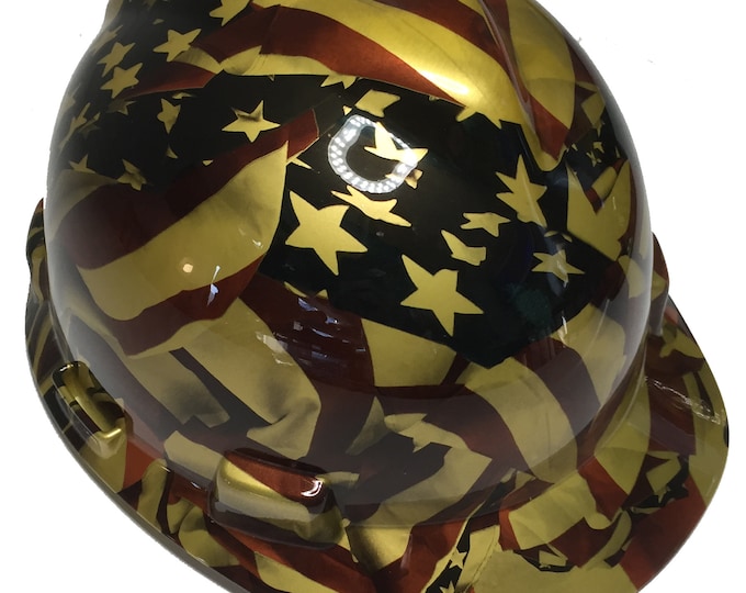 Custom Hard Hat Metallic Gold American Flag MSA V-Gard Cap Style