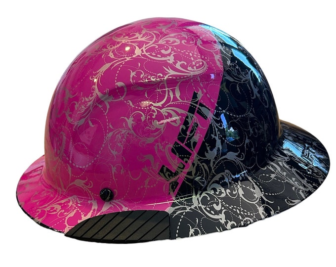Custom Hydro Dipped Black and Pink Lilies Lift DAX Fifty 50 Fiber Resin Full Brim HardHat