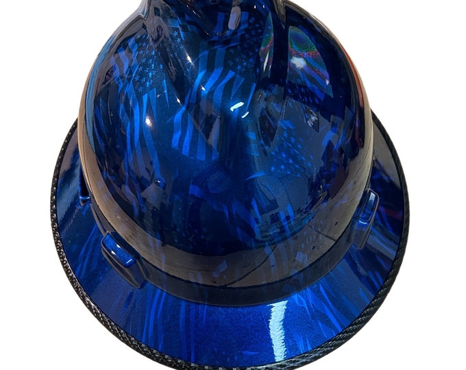 Custom Hydro Dipped Kandy Blue Negative American Flags MSA V-Gard Full Brim w/edgegard