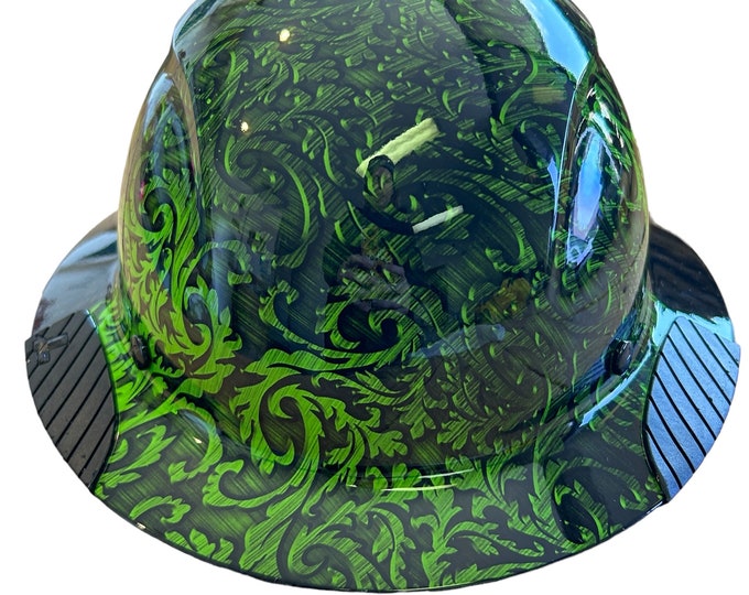 Custom Hydro Dip Green and Black 50/fifty  Dark Lilies Lift Fiber Resin Full Brim Hardhat