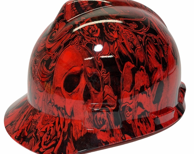 Hard Hat MSA V-Gard Cap Style Custom Red Filigree Skulls Hydro Dipped