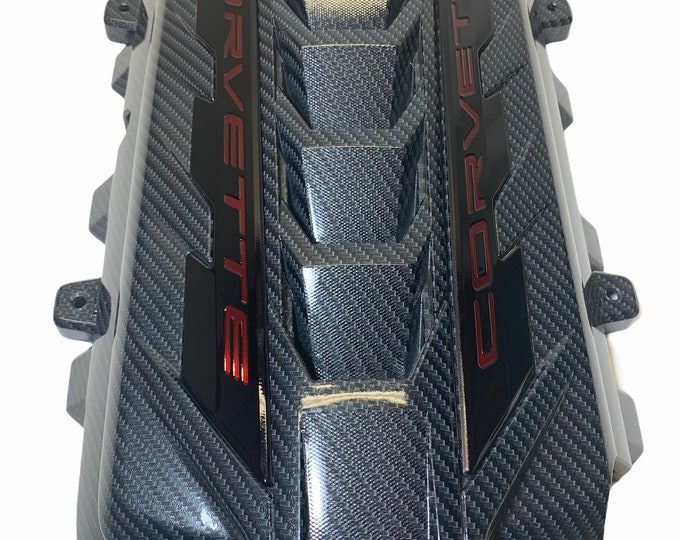 Custom Hydro Dipped 2020+ Corvette Engine Cover Sport Carbon Fiber w/corvette red letters