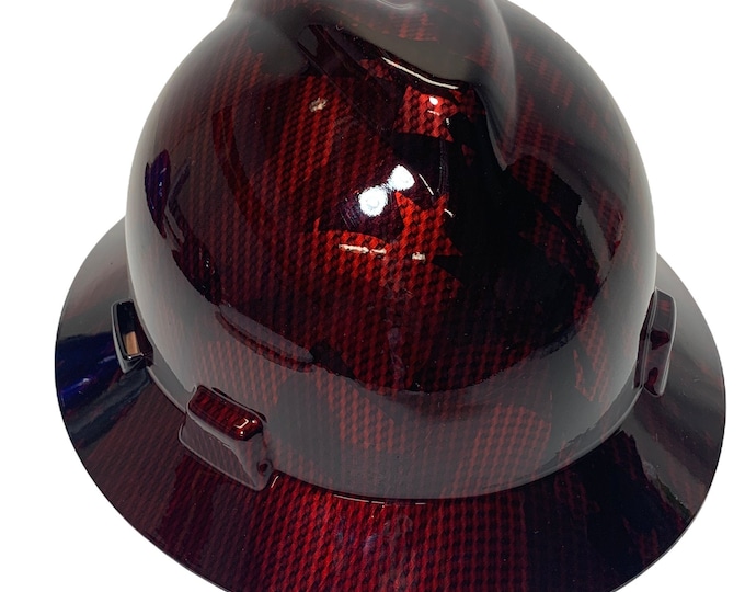 Custom Hard Hat Hydro Dipped Kandy Red Carbon Fiber American Flags HG MSA V-Gard Full Brim
