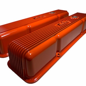 Custom Hydro Dipped Orange High Gloss Vintage Series Finned Small Block Chevy Valve Covers Holley 241-240