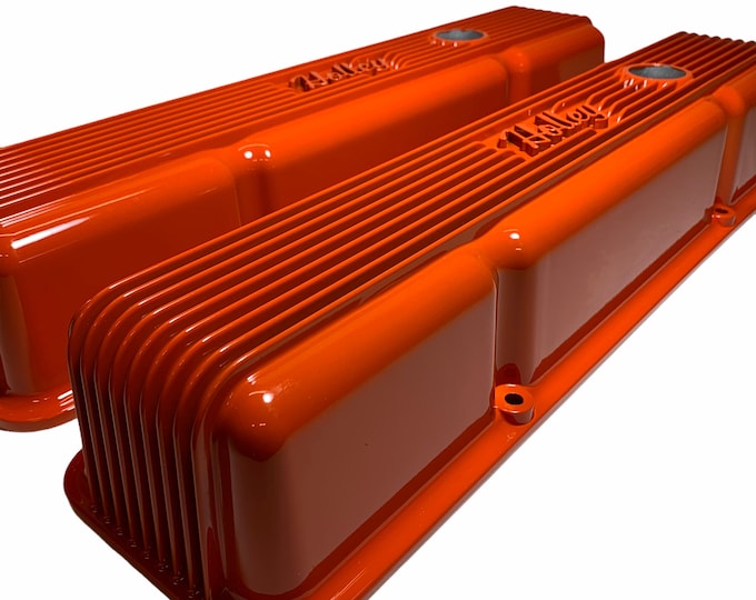 Custom Hydro Dipped Orange High Gloss Vintage Series Finned Small Block Chevy Valve Covers Holley 241-240