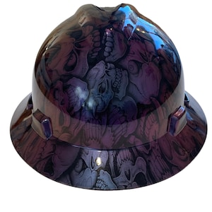 Custom Blue Purple Chameleon Insanity Skulls Hard Hat MSA V-Gard Full Brim